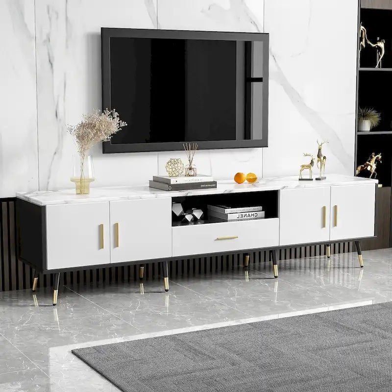 Meuble TV moderne de 180 cm avec 2 armoires et compartiments ouverts, Centre de divertissement pour téléviseurs jusqu'à 80 pouces, Console Telion