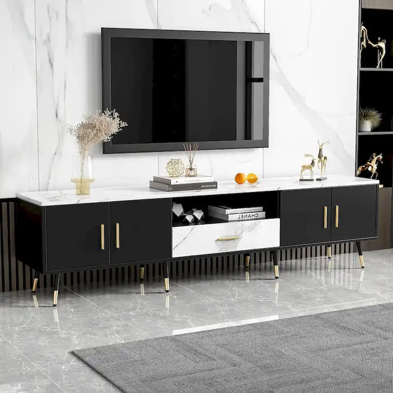 Meuble TV moderne de 180 cm avec 2 armoires et compartiments ouverts, Centre de divertissement pour téléviseurs jusqu'à 80 pouces, Console Telion