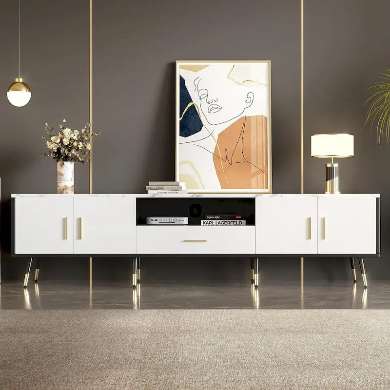 Meuble TV moderne de 180 cm avec 2 armoires et compartiments ouverts, Centre de divertissement pour téléviseurs jusqu'à 80 pouces, Console Telion