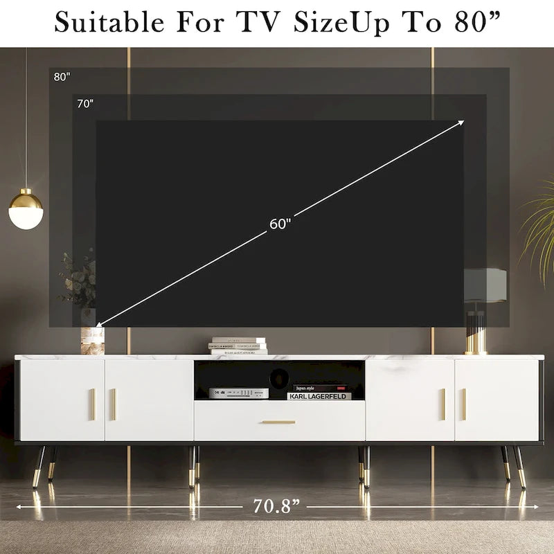 Meuble TV moderne de 180 cm avec 2 armoires et compartiments ouverts, Centre de divertissement pour téléviseurs jusqu'à 80 pouces, Console Telion