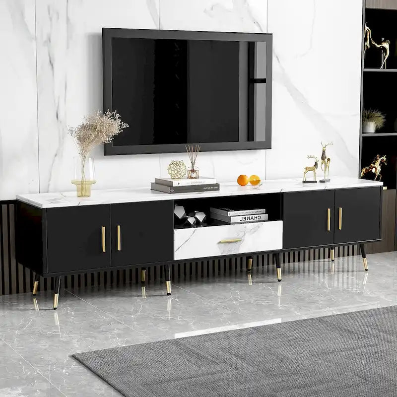 Meuble TV moderne de 180 cm avec 2 armoires et compartiments ouverts, Centre de divertissement pour téléviseurs jusqu'à 80 pouces, Console Telion
