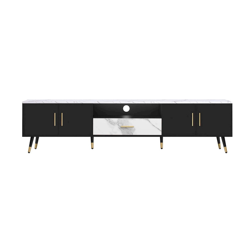 Meuble TV moderne de 180 cm avec 2 armoires et compartiments ouverts, Centre de divertissement pour téléviseurs jusqu'à 80 pouces, Console Telion