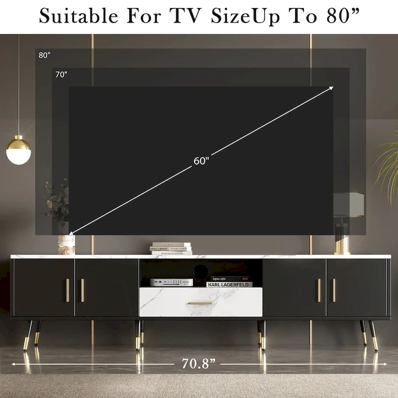 Meuble TV moderne de 180 cm avec 2 armoires et compartiments ouverts, Centre de divertissement pour téléviseurs jusqu'à 80 pouces, Console Telion