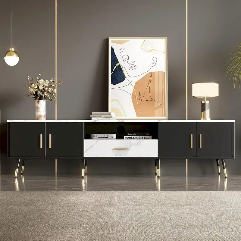 Meuble TV moderne de 180 cm avec 2 armoires et compartiments ouverts, Centre de divertissement pour téléviseurs jusqu'à 80 pouces, Console Telion
