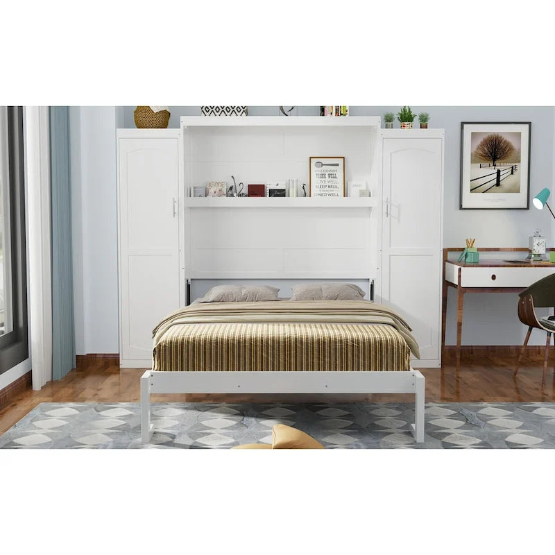 Lit escamotable Queen Size avec deux armoires et une étagère de rangement