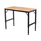 Bureau d'établi industriel à hauteur réglable avec plateau en bois et 4 pieds métalliques pour garage, atelier ou usage domestique