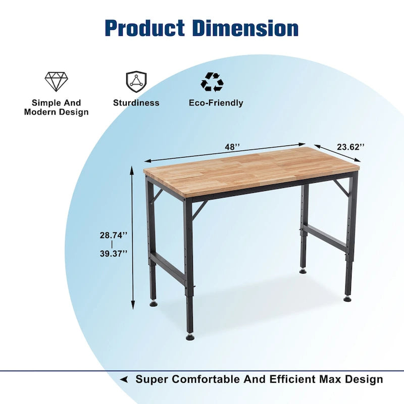 Bureau d'établi industriel à hauteur réglable avec plateau en bois et 4 pieds métalliques pour garage, atelier ou usage domestique