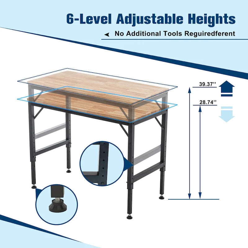 Bureau d'établi industriel à hauteur réglable avec plateau en bois et 4 pieds métalliques pour garage, atelier ou usage domestique