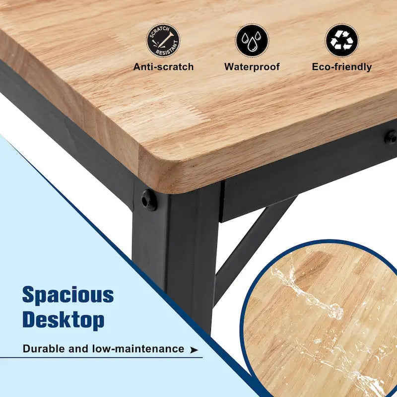 Bureau d'établi industriel à hauteur réglable avec plateau en bois et 4 pieds métalliques pour garage, atelier ou usage domestique