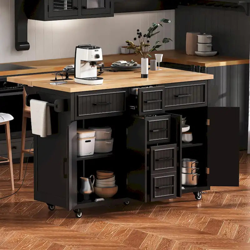 Îlot de cuisine de rangement à roulettes avec abattant et prise de courant, îlot de cuisine de 56,5 po avec 4 portes, 5 tiroirs profonds