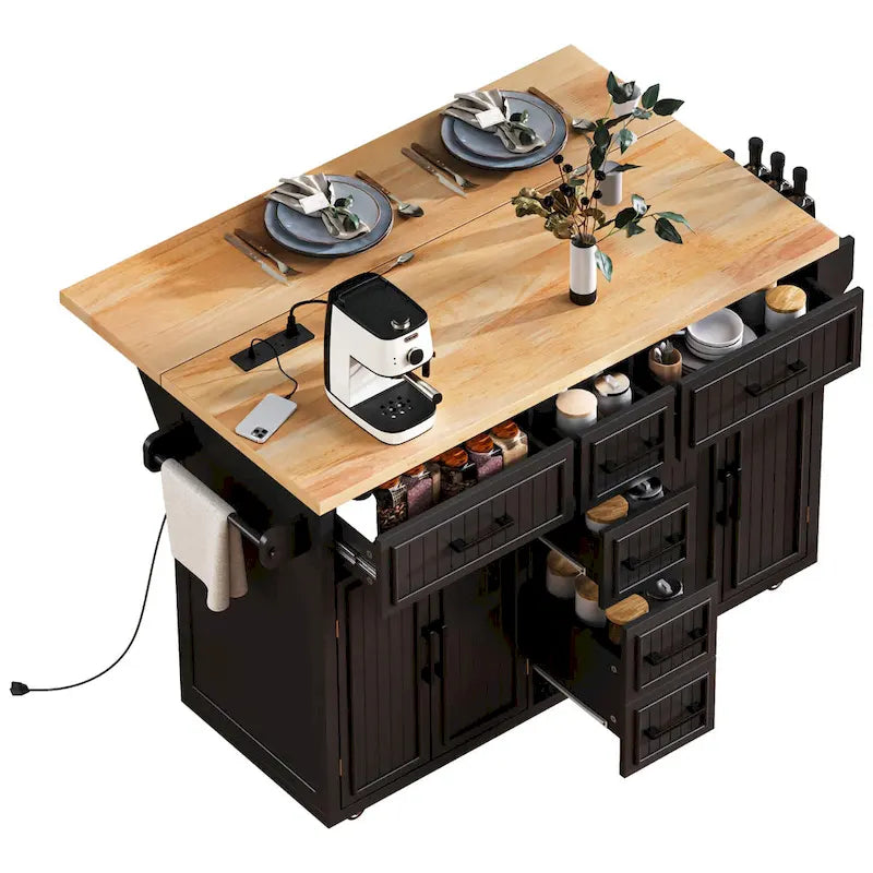 Îlot de cuisine de rangement à roulettes avec abattant et prise de courant, îlot de cuisine de 56,5 po avec 4 portes, 5 tiroirs profonds