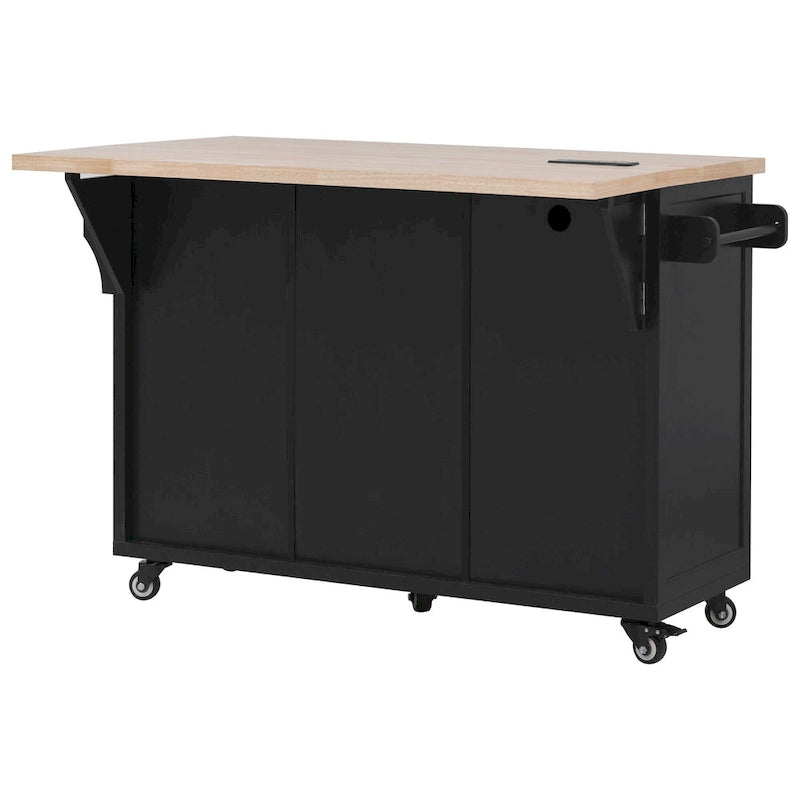 Îlot de cuisine de rangement à roulettes avec abattant et prise de courant, îlot de cuisine de 56,5 po avec 4 portes, 5 tiroirs profonds