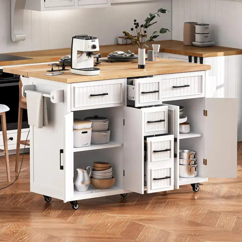 Îlot de cuisine de rangement à roulettes avec abattant et prise de courant, îlot de cuisine de 56,5 po avec 4 portes, 5 tiroirs profonds