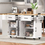 Îlot de cuisine de rangement à roulettes avec abattant et prise de courant, îlot de cuisine de 56,5 po avec 4 portes, 5 tiroirs profonds