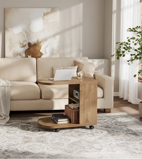 Table d'appoint en C pour canapé, table d'appoint mobile avec rangement