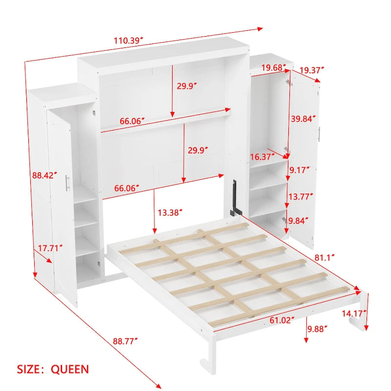Lit escamotable Queen Size en bois avec deux armoires et étagère de rangement, Cadre de lit plateforme pliable multifonctionnel
