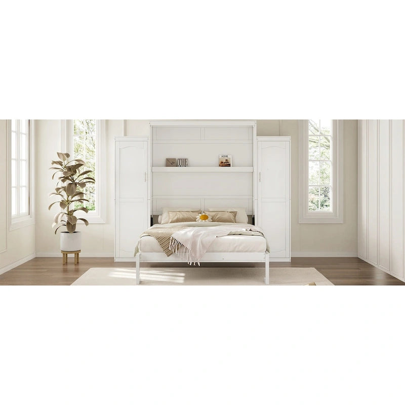 Lit escamotable Queen Size en bois avec deux armoires et étagère de rangement, Cadre de lit plateforme pliable multifonctionnel