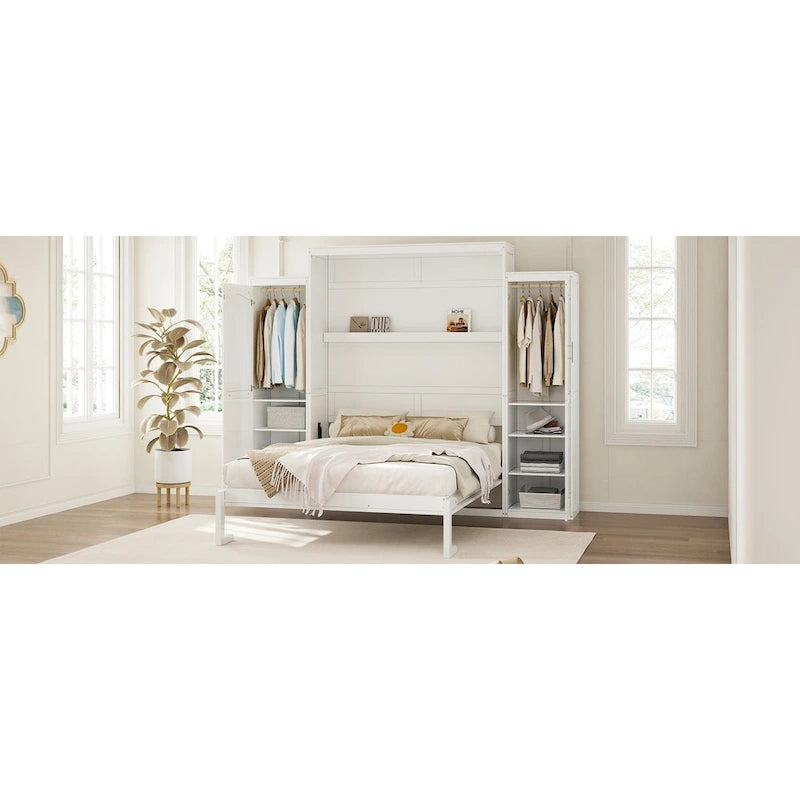 Lit escamotable Queen Size en bois avec deux armoires et étagère de rangement, Cadre de lit plateforme pliable multifonctionnel