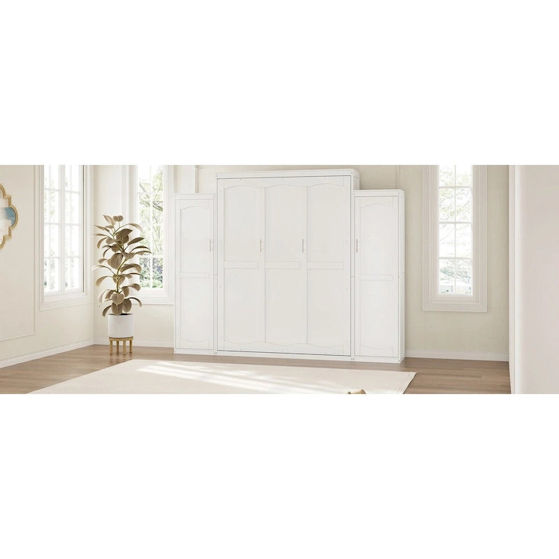 Lit escamotable Queen Size en bois avec deux armoires et étagère de rangement, Cadre de lit plateforme pliable multifonctionnel
