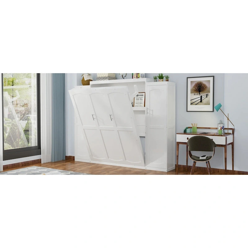 Lit escamotable Queen Size en bois avec deux armoires et étagère de rangement, Cadre de lit plateforme pliable multifonctionnel