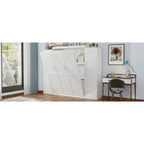 Lit escamotable Queen Size en bois avec deux armoires et étagère de rangement, Cadre de lit plateforme pliable multifonctionnel