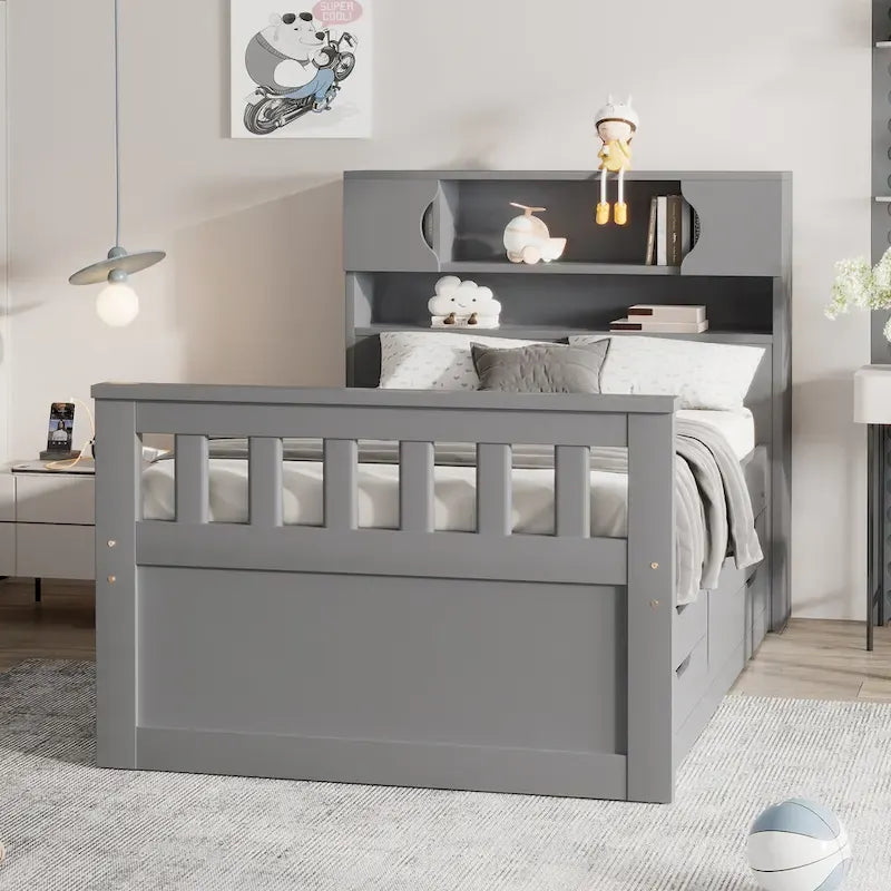 Lit plateforme capitaine gris double avec quatre tiroirs, bibliothèques de rangement et étagères