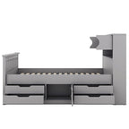 Lit plateforme capitaine gris double avec quatre tiroirs, bibliothèques de rangement et étagères