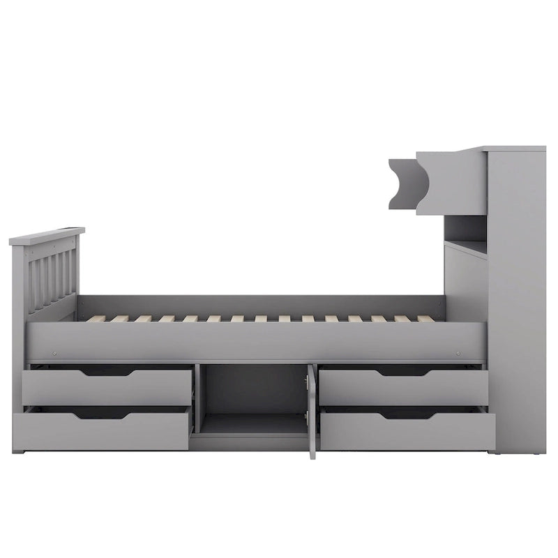 Lit plateforme capitaine gris double avec quatre tiroirs, bibliothèques de rangement et étagères