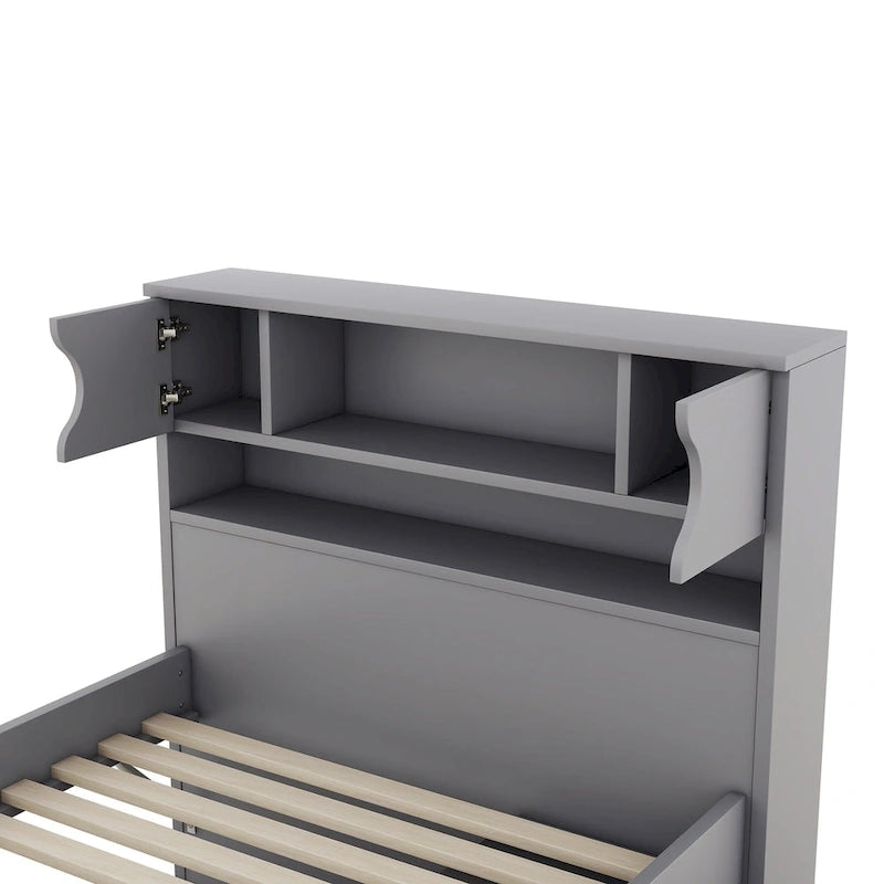 Lit plateforme capitaine gris double avec quatre tiroirs, bibliothèques de rangement et étagères