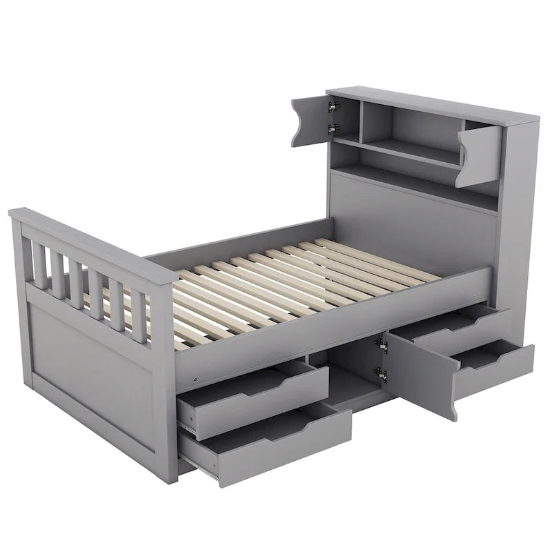 Lit plateforme capitaine gris double avec quatre tiroirs, bibliothèques de rangement et étagères