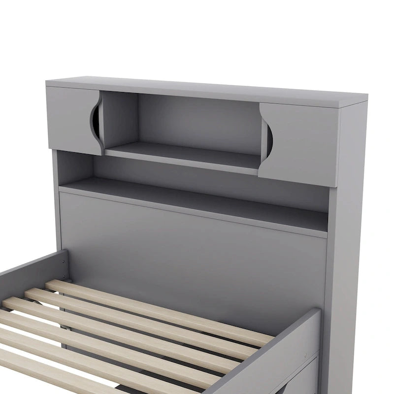 Lit plateforme capitaine gris double avec quatre tiroirs, bibliothèques de rangement et étagères