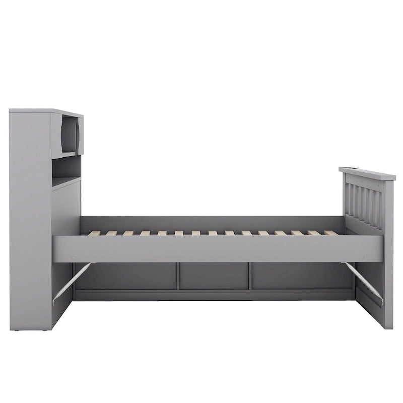 Lit plateforme capitaine gris double avec quatre tiroirs, bibliothèques de rangement et étagères