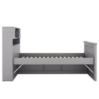 Lit plateforme capitaine gris double avec quatre tiroirs, bibliothèques de rangement et étagères