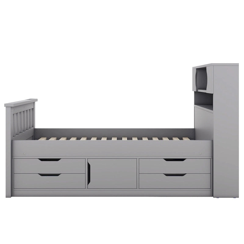 Lit plateforme capitaine gris double avec quatre tiroirs, bibliothèques de rangement et étagères