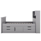 Lit plateforme capitaine gris double avec quatre tiroirs, bibliothèques de rangement et étagères