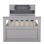Lit plateforme capitaine gris double avec quatre tiroirs, bibliothèques de rangement et étagères