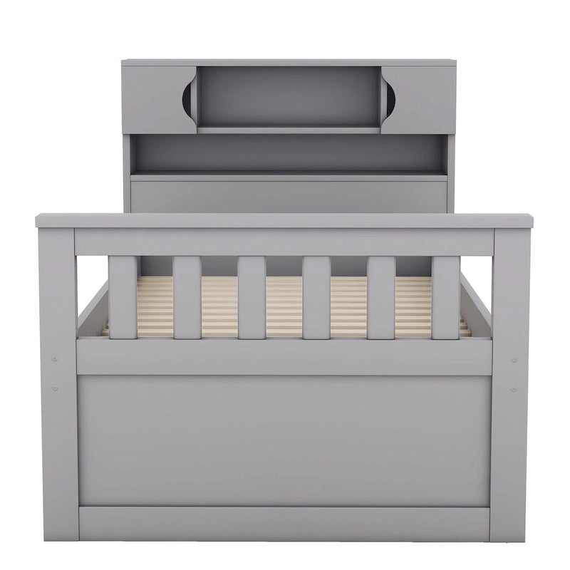Lit plateforme capitaine gris double avec quatre tiroirs, bibliothèques de rangement et étagères