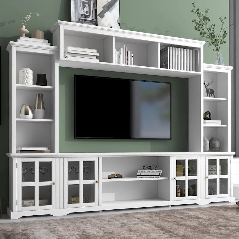 Entertainment Wall Unit with Bridge, Tempered Glass Doors for TVs Up to 70