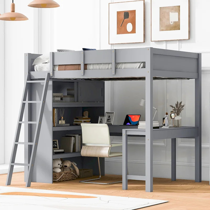 Lit mezzanine en bois massif avec bureau et étagère pour enfants
