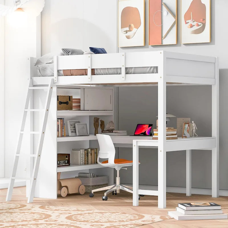 Lit mezzanine en bois massif avec bureau et étagère pour enfants