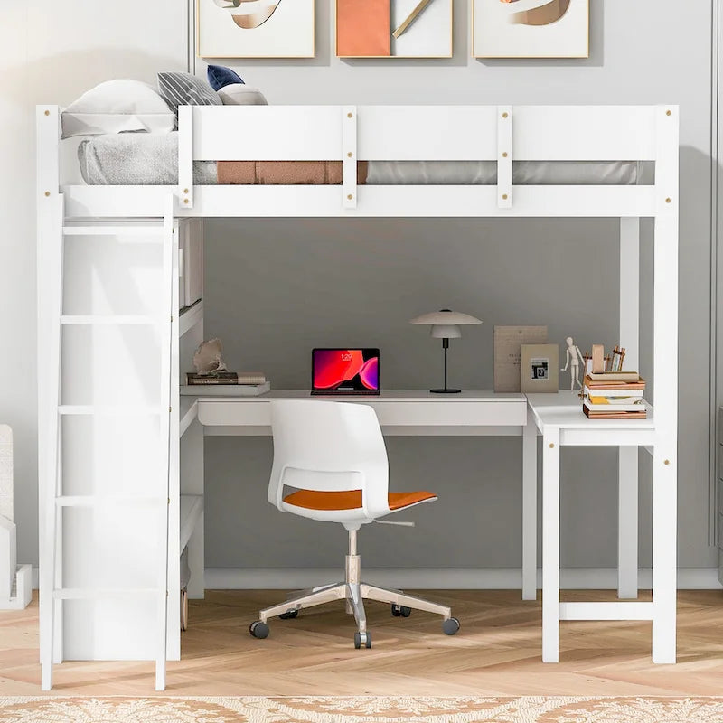 Lit mezzanine en bois massif avec bureau et étagère pour enfants