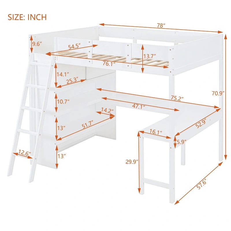 Lit mezzanine en bois massif avec bureau et étagère pour enfants