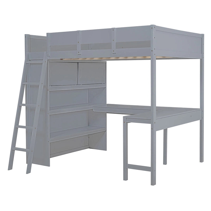 Lit mezzanine en bois massif avec bureau et étagère pour enfants