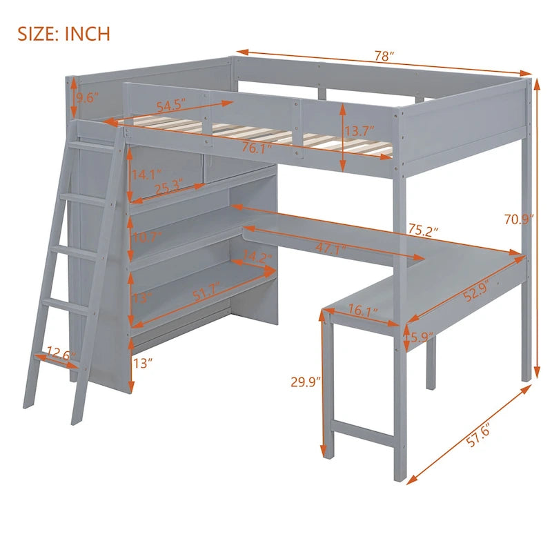 Lit mezzanine en bois massif avec bureau et étagère pour enfants