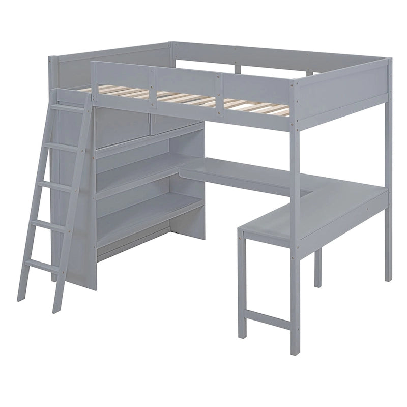 Lit mezzanine en bois massif avec bureau et étagère pour enfants