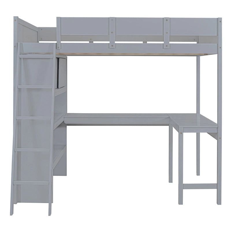 Lit mezzanine en bois massif avec bureau et étagère pour enfants