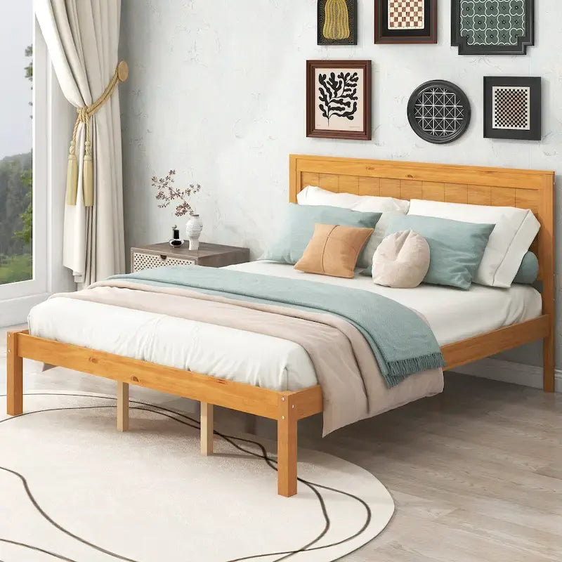 Oak Platform Bed Frame with Headboard, Wood Slat Support