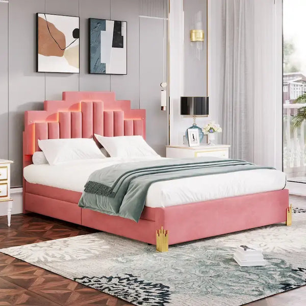Queen Size Upholstered Platform Bed with LED Lights and 4 Drawers
