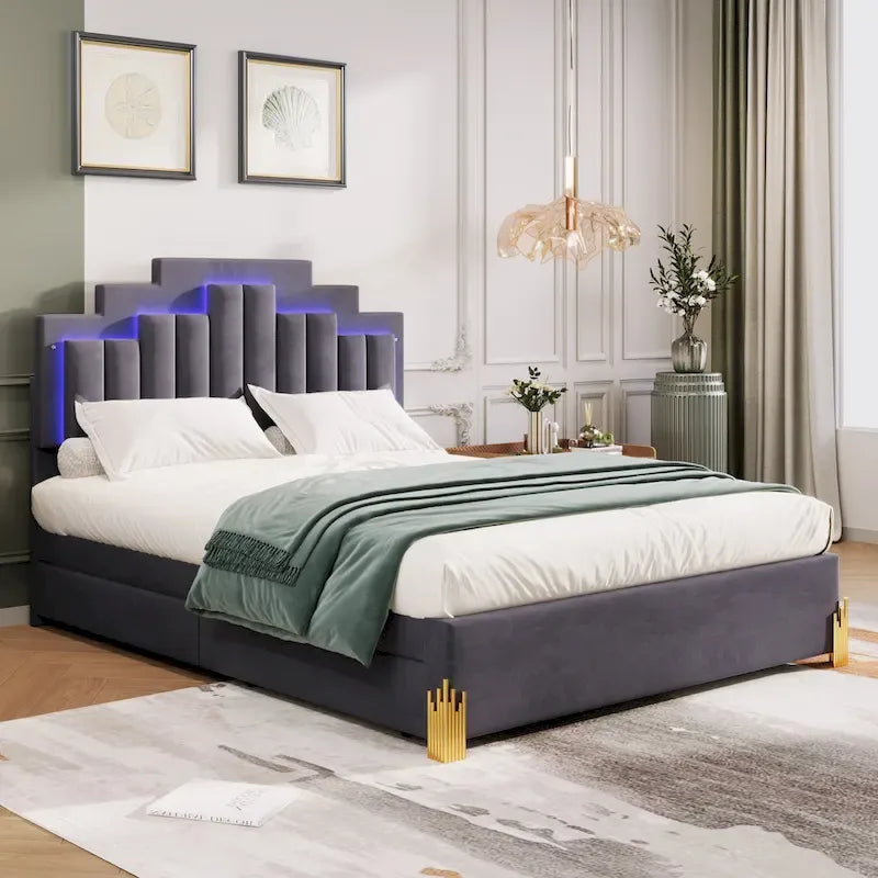Lit plate-forme capitonné Queen Size avec lumières LED et 4 tiroirs