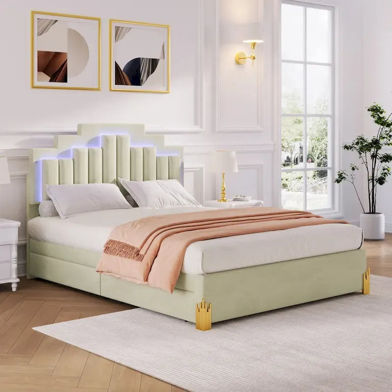 Lit plate-forme capitonné Queen Size avec lumières LED et 4 tiroirs